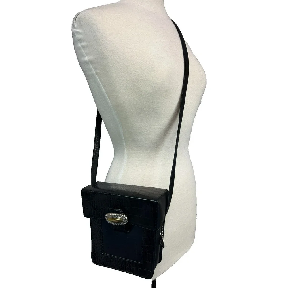 Brighton One World Small Box Purse Black‎ Croc Embossed & Smooth Crossbody Strap